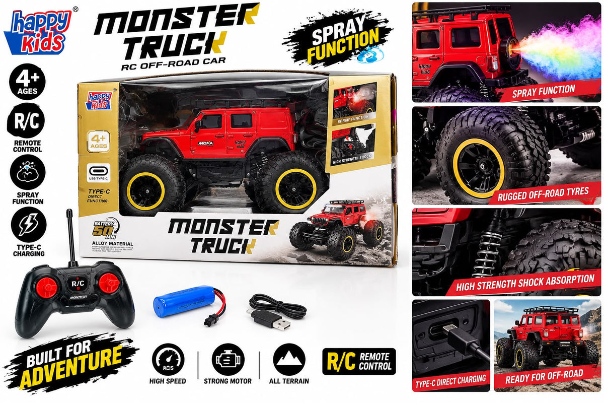 Happy Kids Monster Truck RC Car | Off-Road Stunt Toy with Spray Function, USB Type-C Charging & Shock Absorption