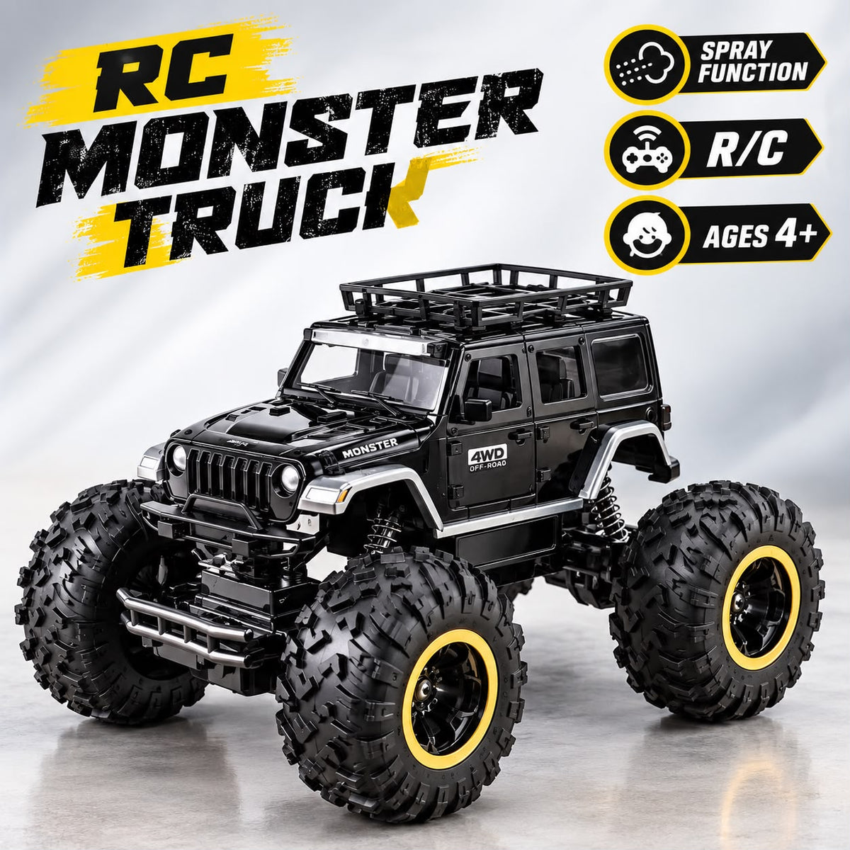 Black RC monster truck with oversized off-road tires and yellow-rimmed wheels, shown on a light gray studio background with promotional text and feature icons.