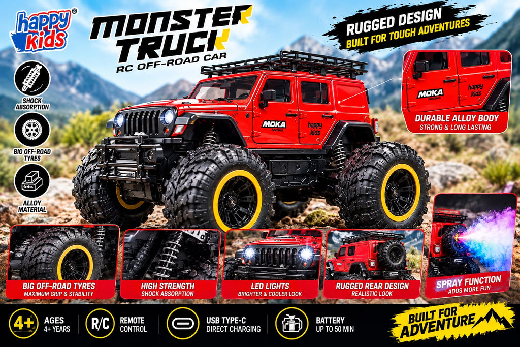 Happy Kids Monster Truck RC Car | Off-Road Stunt Toy with Spray Function, USB Type-C Charging & Shock Absorption