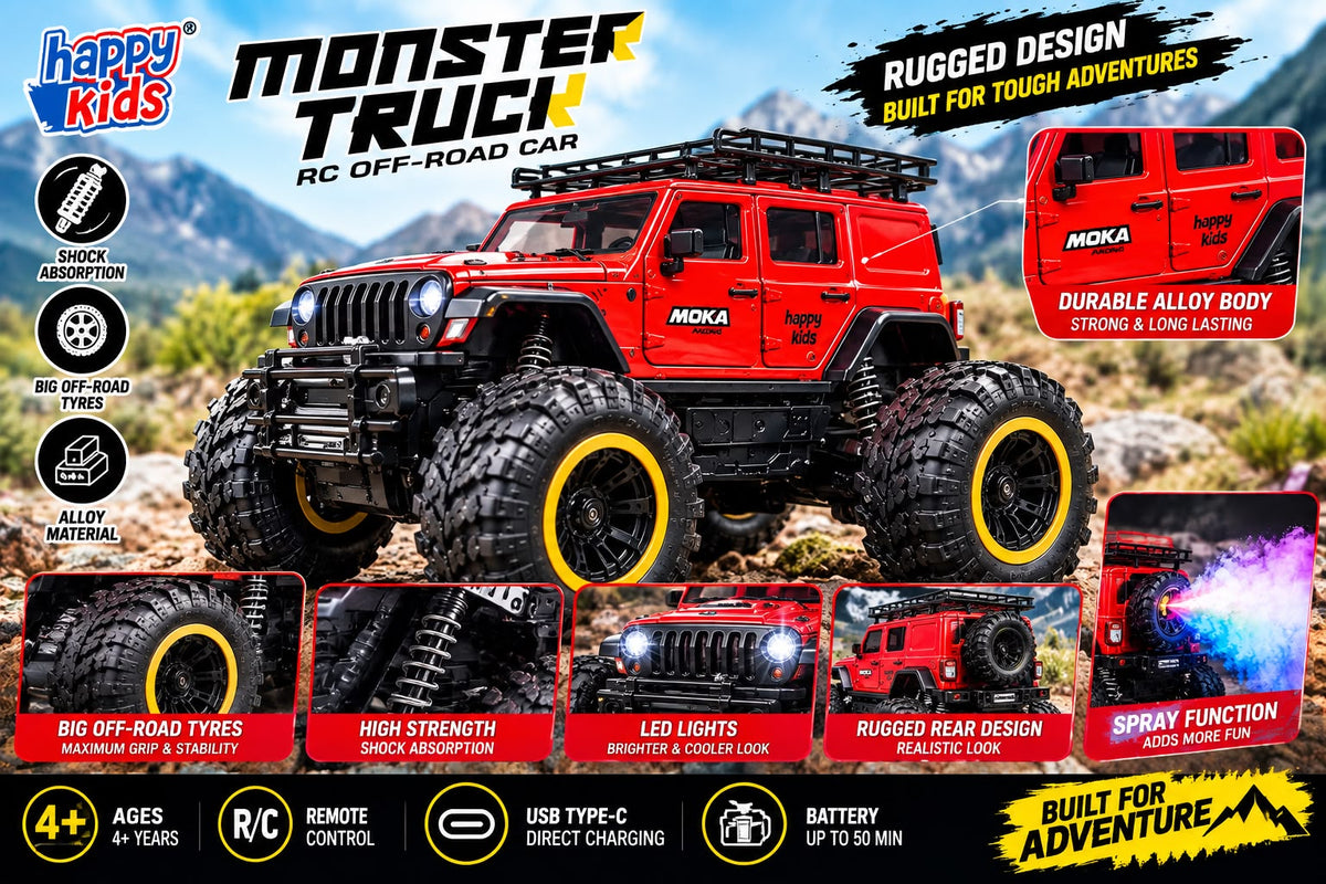 Happy Kids Monster Truck RC Car | Off-Road Stunt Toy with Spray Function, USB Type-C Charging & Shock Absorption