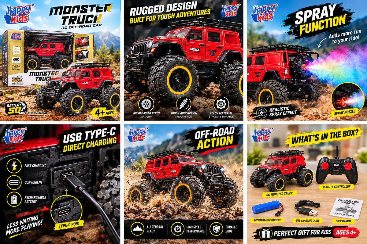 Happy Kids Monster Truck RC Car | Off-Road Stunt Toy with Spray Function, USB Type-C Charging & Shock Absorption