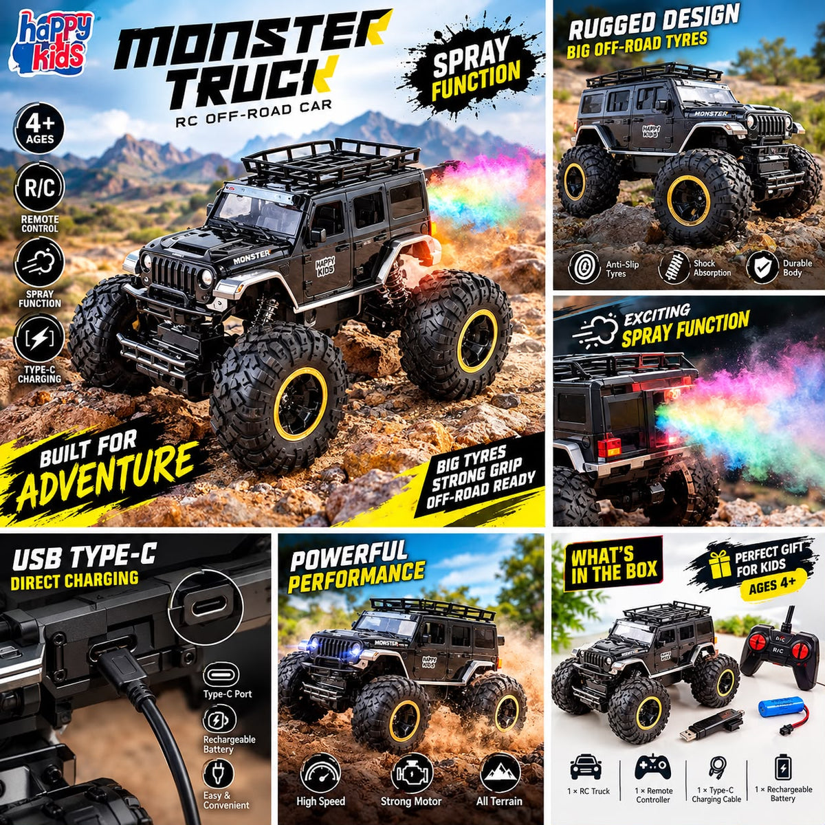 A promotional collage for an RC off-road monster truck. The main panel shows a black remote-controlled truck with large yellow-rimmed tires driving through dirt, with colorful spray effects from the rear.